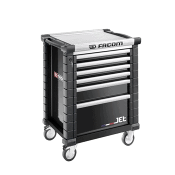 Facom Jetm3 5-drawer black rollcab with sturdy construction and smooth-rolling casters for automotive tool storage.