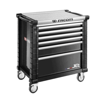 Facom Jetm4 6-drawer black rollcab with sturdy construction and mobility wheels, ideal for professional garage and workshop storage.
