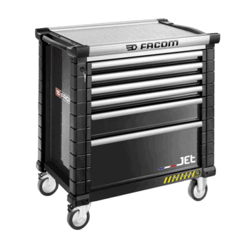 Facom Jet roll cab with safety lock, featuring multiple drawers and sturdy wheels for professional tool storage.