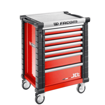 Facom Jetm3 7-drawer red rollcab tool chest with wheels for workshop storage.