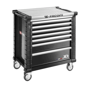 Facom Jetm4a 7-drawer black rollcab with sturdy construction and smooth-rolling casters for professional workshop use.