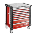 Facom Jetm4 8-drawer red rollcab tool chest with wheels, ideal for professional garages and workshops.
