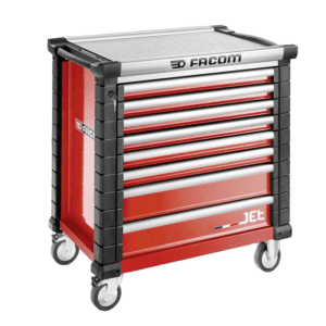 Facom Jetm4 8-drawer red rollcab tool chest with wheels, ideal for professional garages and workshops.