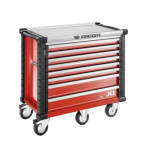 Facom Jetm5 8-drawer red rollcab tool chest with wheels for garage or workshop storage.