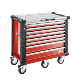 Facom Jetm5 8-drawer red rollcab tool chest with wheels for garage or workshop storage.