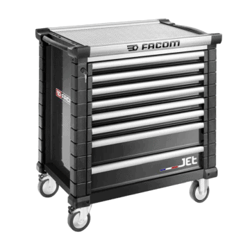 Facom Jetm4 8-drawer black rollcab tool chest with wheels for workshop storage.