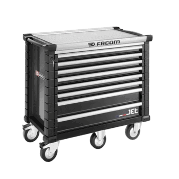 Facom Jetm5A 8-drawer black rollcab tool chest with wheels for garage or workshop storage.