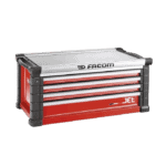 Red and black Grand Prix Racewear tool chest with multiple drawers for automotive tools and equipment.