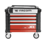 Facom Jet mechanic tool chest with multiple drawers and wheels, ideal for automotive and racing workshop storage.
