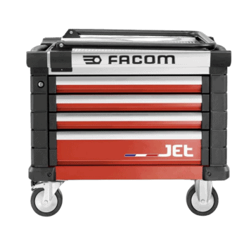 Facom Jet mechanic tool chest with multiple drawers and wheels, ideal for automotive and racing workshop storage.