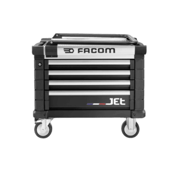 Facom Jet mechanic's tool chest with multiple drawers and wheels for easy mobility, ideal for professional racing teams and workshops.