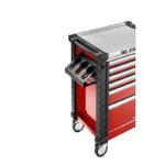 Facom lateral power tools holder on a red and black mobile tool chest with wheels, ideal for workshop organisation.