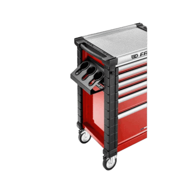 Facom lateral power tools holder on a red and black mobile tool chest with wheels, ideal for workshop organisation.