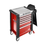 Facom Laterial Bin Bag Holder with Cover and Pedal Jet, a mobile tool storage unit with multiple drawers and a foot pedal for easy waste disposal.
