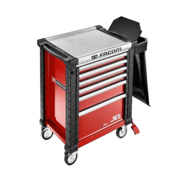 Facom Laterial Bin Bag Holder with Cover and Pedal Jet, a mobile tool storage unit with multiple drawers and a foot pedal for easy waste disposal.