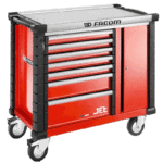 Facom Jetplus 6d mobile workbench with multiple drawers and a lockable cabinet, ideal for professional workshops.