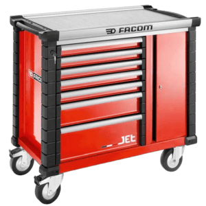 Facom Jetplus 6d mobile workbench with multiple drawers and a lockable cabinet, ideal for professional workshops.