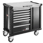 Heavy-duty mechanic tool chest with multiple drawers and a side cabinet, on caster wheels, ideal for race car garages and workshops.