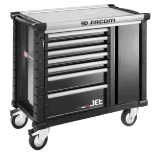 Heavy-duty mechanic tool chest with multiple drawers and a side cabinet, on caster wheels, ideal for race car garages and workshops.