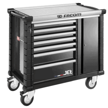 Heavy-duty mechanic tool chest with multiple drawers and a side cabinet, on caster wheels, ideal for race car garages and workshops.