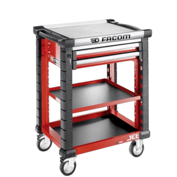 Facom Jet Utility Cart with 3 shelves and 2 drawers, featuring a sturdy design and mobility wheels for workshop use.
