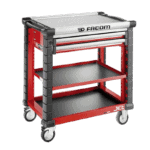 Facom Jet Utility Cart with 3 shelves and 2 drawers, red and black, on wheels for easy mobility.