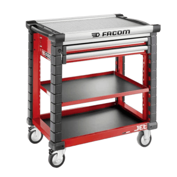 Facom Jet Utility Cart with 3 shelves and 2 drawers, red and black, on wheels for easy mobility.