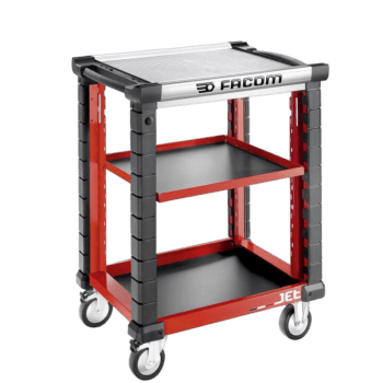 Facom Jet Utility Cart with 3 shelves, black and red, mobile with caster wheels for workshop use.