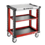 Facom Jet Utility Cart with 3 shelves, red and black, ideal for workshop organisation and tool storage.