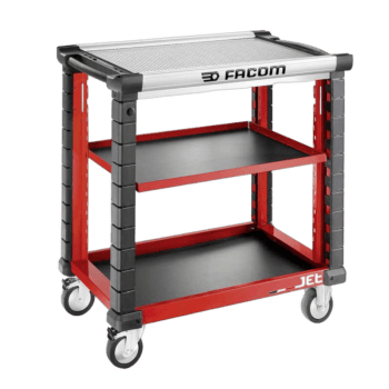 Facom Jet Utility Cart with 3 shelves, red and black, ideal for workshop organisation and tool storage.