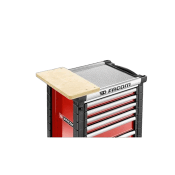 Facom worktop vice support jet WA17 with wooden top and red and black tool chest base.