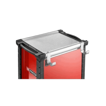 Facom worktop with storing hooks and perforated surface for workshop organisation.
