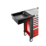 Facom worktop extension attached to a red and black tool chest with wheels, designed for workshop organisation.
