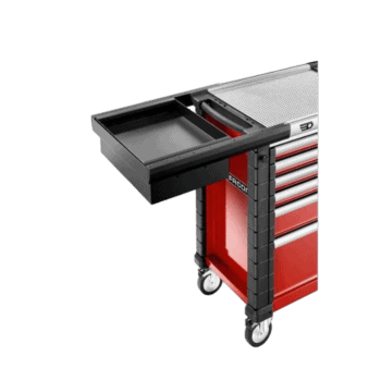 Facom worktop extension attached to a red and black tool chest with wheels, designed for workshop organisation.
