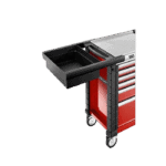 Red and black mechanic tool trolley with multiple drawers and a detachable work surface, ideal for automotive and racing workshop use.