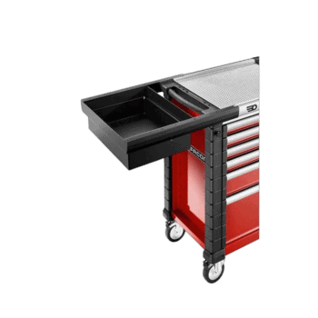 Red and black mechanic tool trolley with multiple drawers and a detachable work surface, ideal for automotive and racing workshop use.