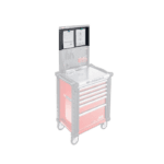 Professional automotive tool trolley with multiple drawers and a mounted display for racewear and racing equipment storage.