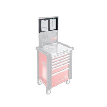 Professional automotive tool trolley with multiple drawers and a mounted display for racewear and racing equipment storage.