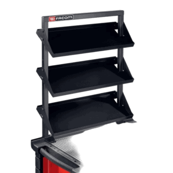 Facom Worktop Multifunction Kit Jet.Wa22kit2 with three black shelves and a sturdy frame for workshop organisation.