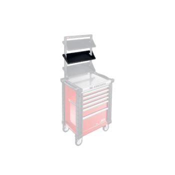 Red and grey Grand Prix Racewear tool trolley with multiple drawers and a top storage compartment.