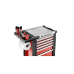 Garage tool trolley with red and black drawers, featuring a work surface and various tools, ideal for motorsport mechanics and race teams.