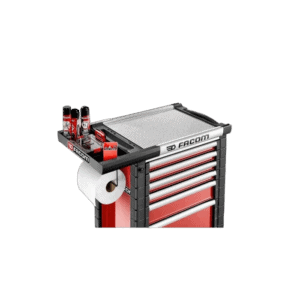 Garage tool trolley with red and black drawers, featuring a work surface and various tools, ideal for motorsport mechanics and race teams.