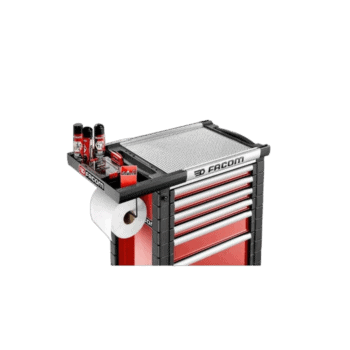 Garage tool trolley with red and black drawers, featuring a work surface and various tools, ideal for motorsport mechanics and race teams.
