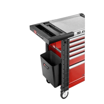 Facom worktop service set with cans, paper holder, and waste bin on a mobile tool trolley.