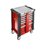 Facom worktop tool chest with anti-theft bars, red and black, on wheels, ideal for workshop security and organisation.