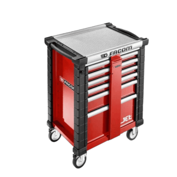 Facom worktop tool chest with anti-theft bars, red and black, on wheels, ideal for workshop security and organisation.