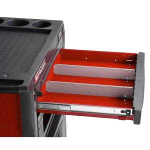Facom Jet Toolbox drawer with dividers for organised tool storage, featuring a red and black design.