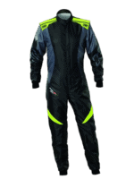 Grand Prix Racewear racing suit in black with blue and neon yellow accents, designed for motorsport safety and performance.
