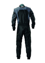 Grand Prix Racewear racing suit in black and blue with protective padding, designed for motorsport safety and performance.