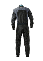 Grand Prix Racewear racing suit in black and grey with protective padding, designed for motorsport safety and performance.